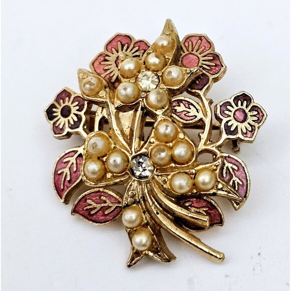 MCM Flower Cluster Brooch Gold Tone Pink Inlay Flowers Faux Pearls 1970 1.6" EUC - Picture 1 of 6